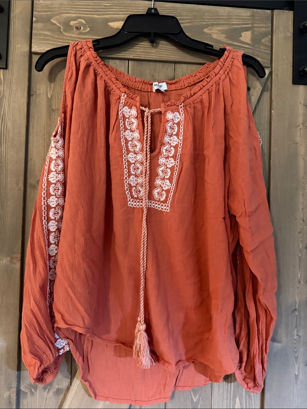 Kenzie Women's Rust Embroidered Peasant Top with Tassel Tie